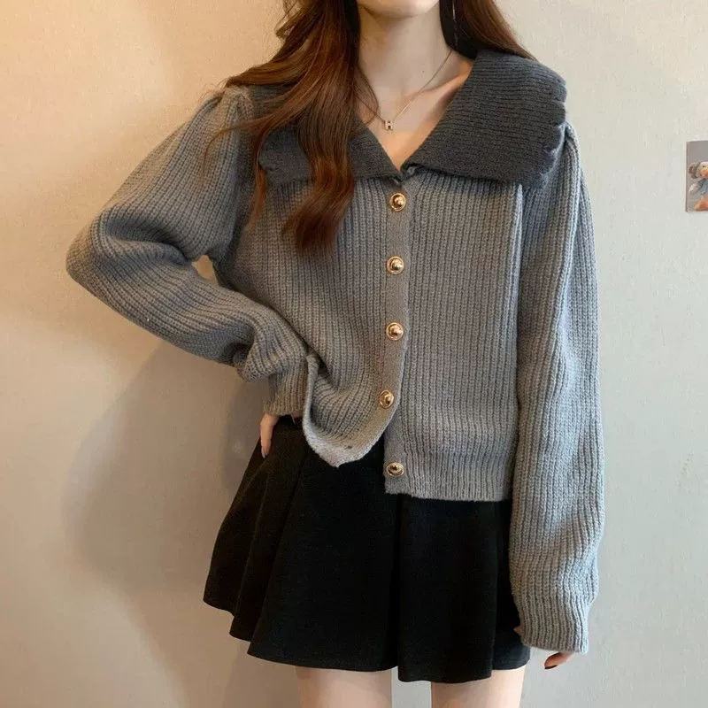Кукла, осенний кардиган, дизайн с длинным рукавом, джемпер, корейский стиль, воротник-куколька, свободный силуэт, новая коллекция