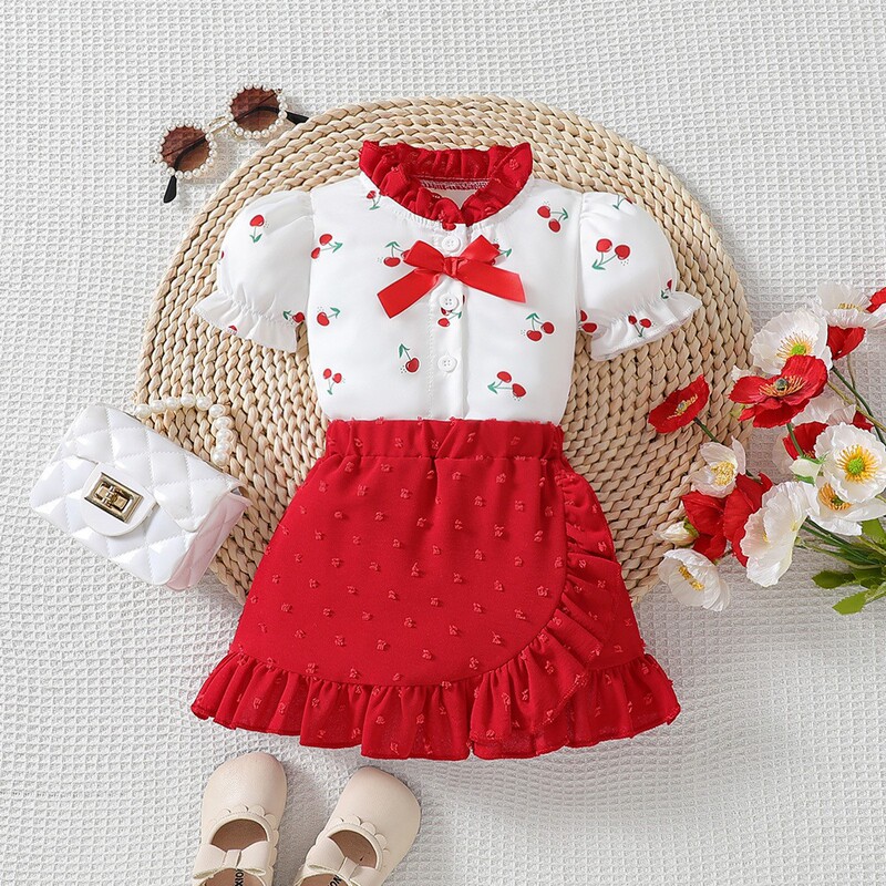 2026 New Baby and Toddler Cute Cherry Print Top + Ruffle Splicing A-Line Skirt Set Two-Piece Set