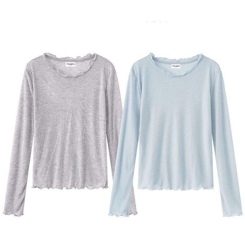Spring and Summer New Sweet Milk-Style Blouse, Thin Semi-Transparent Ruffled Round Neck Layered Long-Sleeve Base Shirt Top Spring and Summer New Sweet Milk-Style Blouse, Thin Semi-Transparent Ruffled Round Neck Layered Long-Sleeve Base Shirt Top
