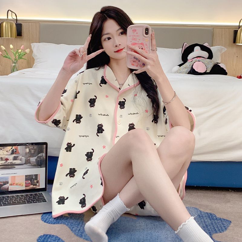 Pijamas de estudiante de verano al por mayor transfronterizo pantalones cortos de manga corta de algodón de punto para mujer lindo y suelto traje de sensación fresca y premium de estilo coreano