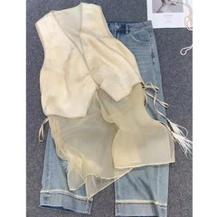 新中国式国風杏色欧根紗羽ペンダント馬甲2025春夏モデル高級感小衆袖なしコート