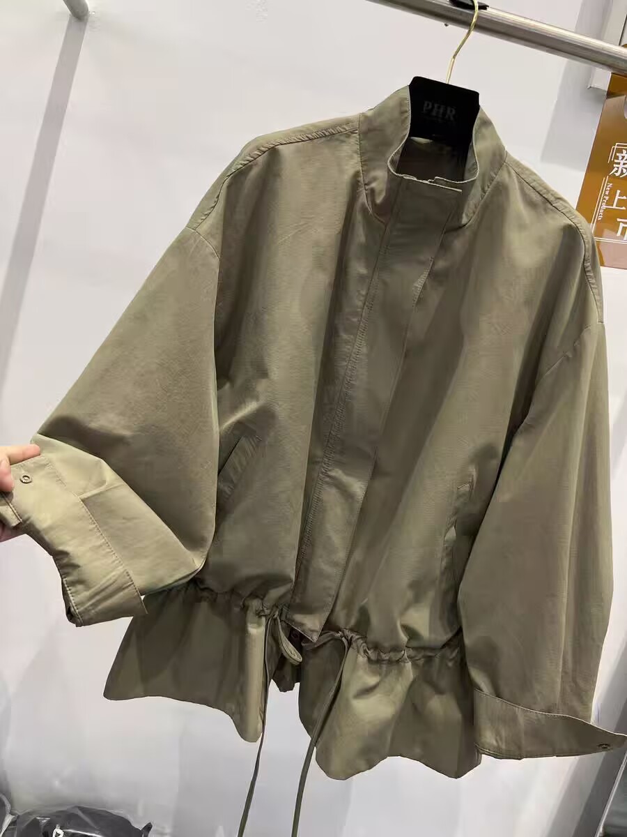 ng2510292 European Style 2026 Spring New Stand Collar Zipper Drawstring Fashionable Loose Casual Mid-Length Trench Coat Women's_ecoleips.com