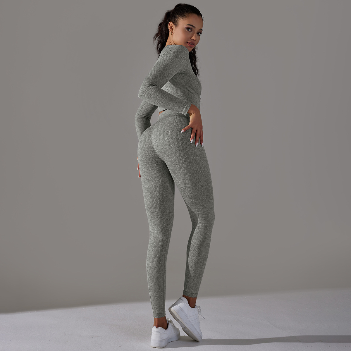 Women's Jacquard Yoga Dress Long Sleeve Suit High Waist Hip Tights Fitness Sportswear_voghion.com
