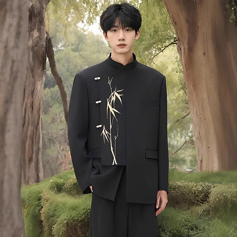 New Chinese Style National Style Bamboo Rigid Vertical Collar High Quality Engagement Suit Jacket Men's plus size Tang Suit Wedding Suit