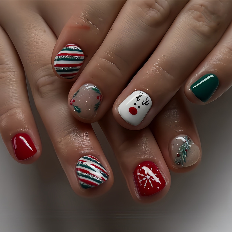 Christmas-themed red and green contrasting short square cute cartoon reindeer glitter design, brightening and playful, with colorful lights and Christmas tree nail art Christmas-themed red and green contrasting short square cute cartoon reindeer glitter design, brightening and playful, with colorful lights and Christmas tree nail art