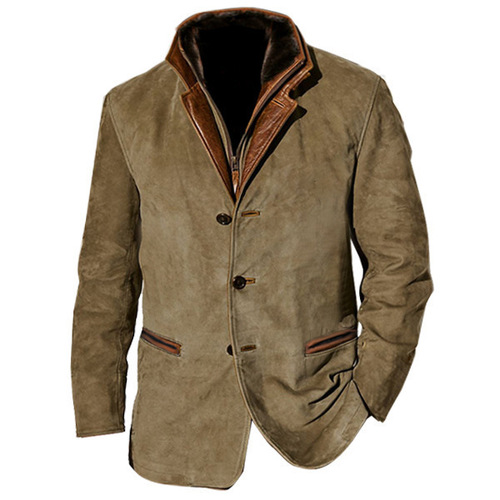 Cross-border Spring/Summer New Men's European and American Style Vintage Jacket Men's Casual Outerwear Lapel Workwear Patchwork Contrasting Color Top