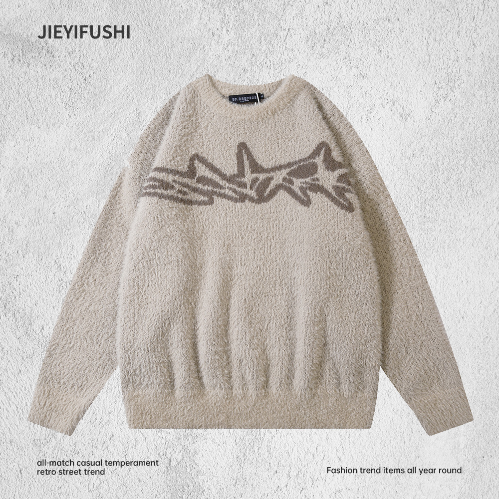 American Creative Pattern Jacquard Round Neck Knitwear Men's Autum Loose Trendyy Lazy Style Casual Pullover Knitwear