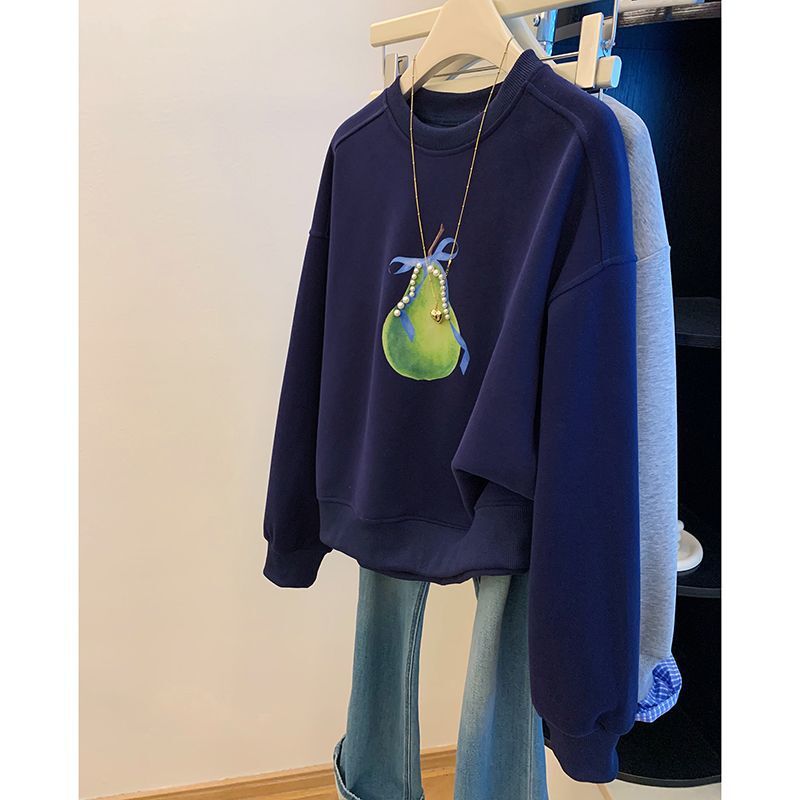 藏青色钉珠印花无帽卫衣女早秋薄款圆领宽松小个子上衣设计感|undefined