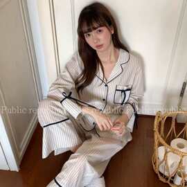 【法风纹居】春季翻领开衫蝴蝶结睡衣2026新款条纹家居服女套装