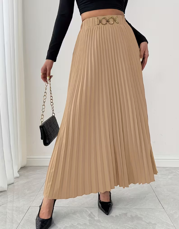 Vêtements pour femmes - Nouvelle jupe midi plissée polyvalente - Taille haute - Coupe trapèze_voghion.com