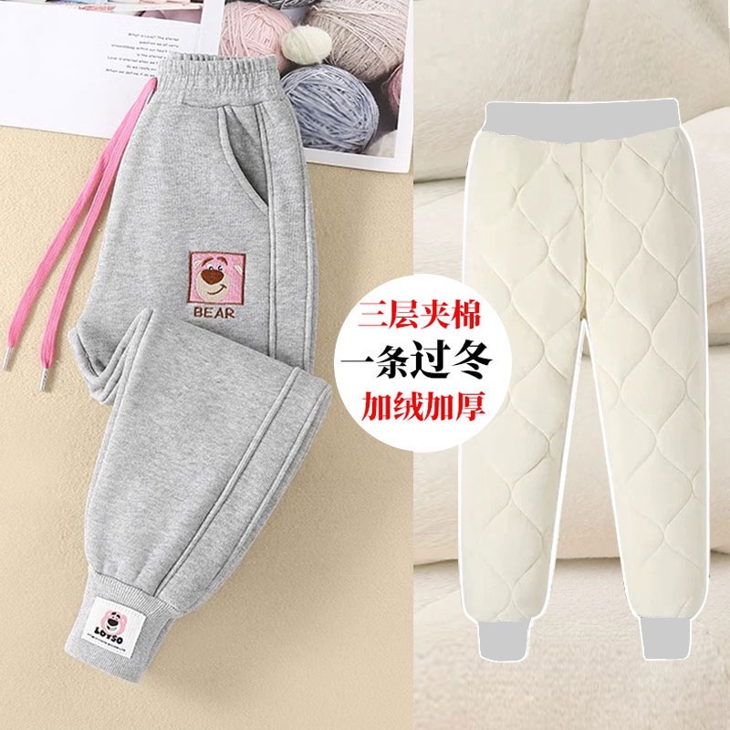 어린 이용 면 바지 3 층 기모 소년 소녀를위한 북방 겨울 따뜻한 바지