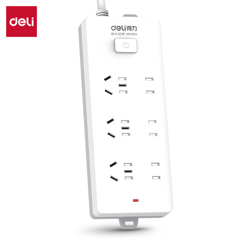 得力18256插座_3+3_3米_PVC袋装白色儿童防触电2500W额定功率