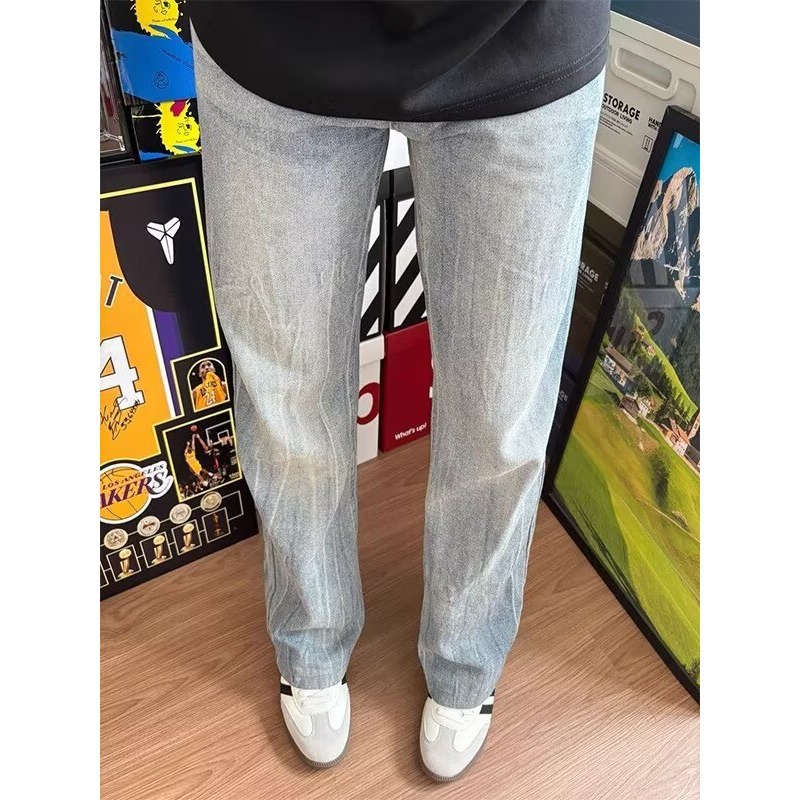 Pantalones Mezclilla Anchos Rectos Unisex de Mezclilla, Efecto Lavado para Uso Diario