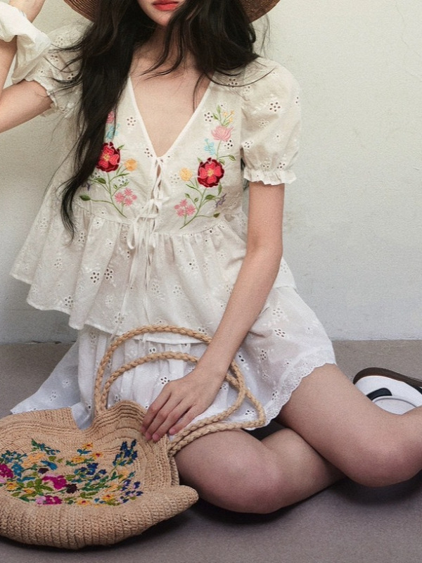 「Summer Love Song」純綿刺繍レースアップVネックシャツレーススカートパンツツーピーススーツスカート|undefined