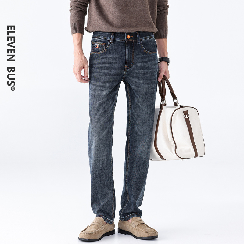 Classic light luxury stretch slim-fit men's jeans, American retro trendy washed casual straight-leg jeans for men