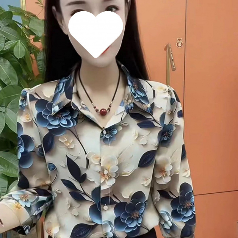 ママの服 2024 秋の新女性のファッショナブルなプリント花柄ラペルシャツ女性の夏のお腹カバートップ|undefined