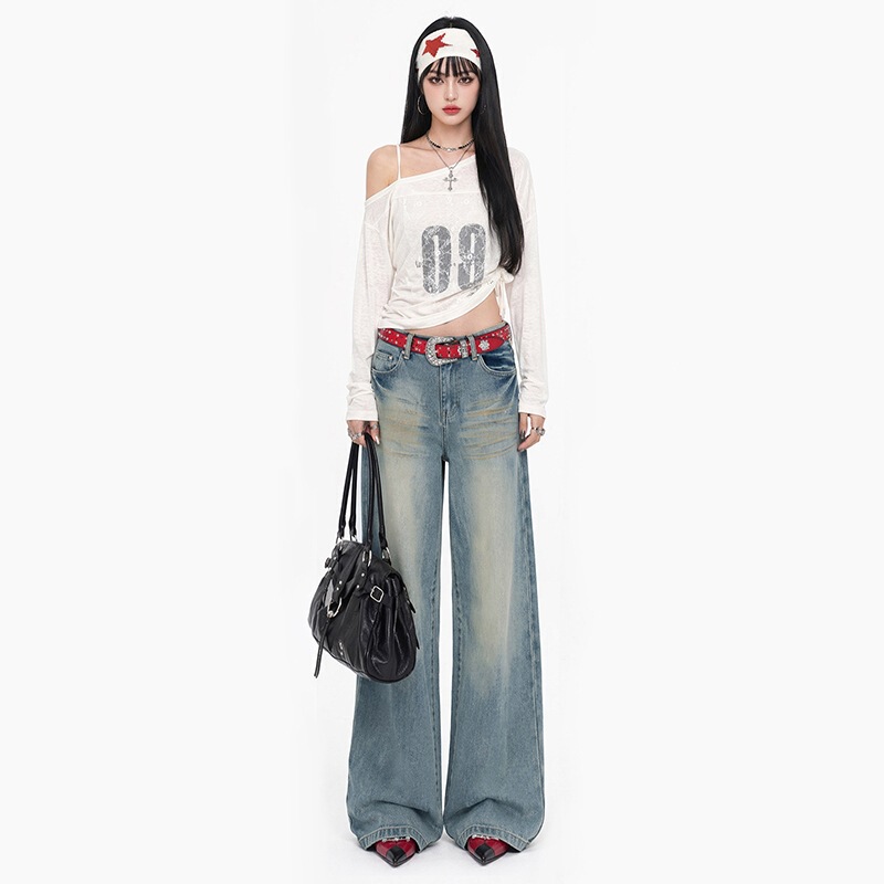 Distressed dirty fit fashionable washed and faded dirty jeans, wide-leg casual straight pants for women, supports drop shipping Distressed dirty fit fashionable washed and faded dirty jeans, wide-leg casual straight pants for women, supports drop shipping