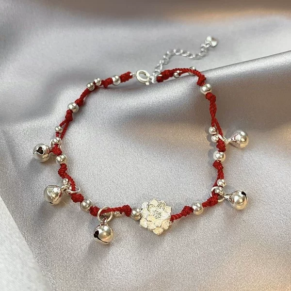 Miao Jiang Girl ~ Red Rope Bell Lotus Bracelet Advanced Handmade Woven Playful Chinese Heart Bracelet Cold Style