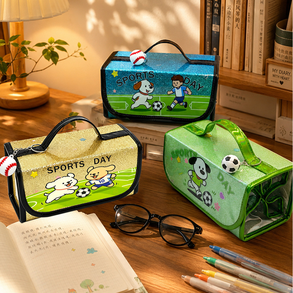 Portable Football Cartoon Pencil Case, Large Capacity, Foldable, Multi-Compartment, Transparent Stationery Storage Bag, Student Portable Stationery Box