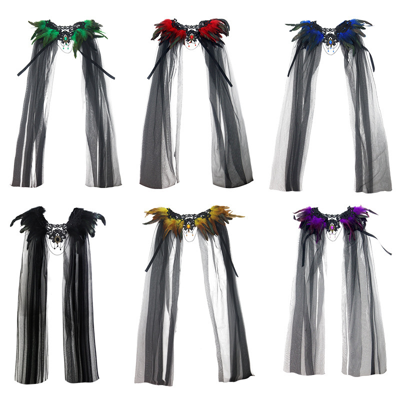 Halloween nuevo estilo gótico pluma encaje decoración chal de cuero pluma máscara de diamante COS accesorios de vestir