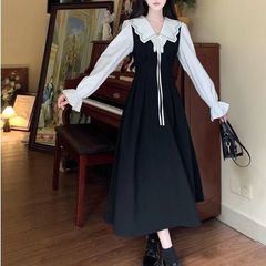 大码法式假两件娃娃领连衣裙女秋冬微胖收腰显瘦复古气质长裙子