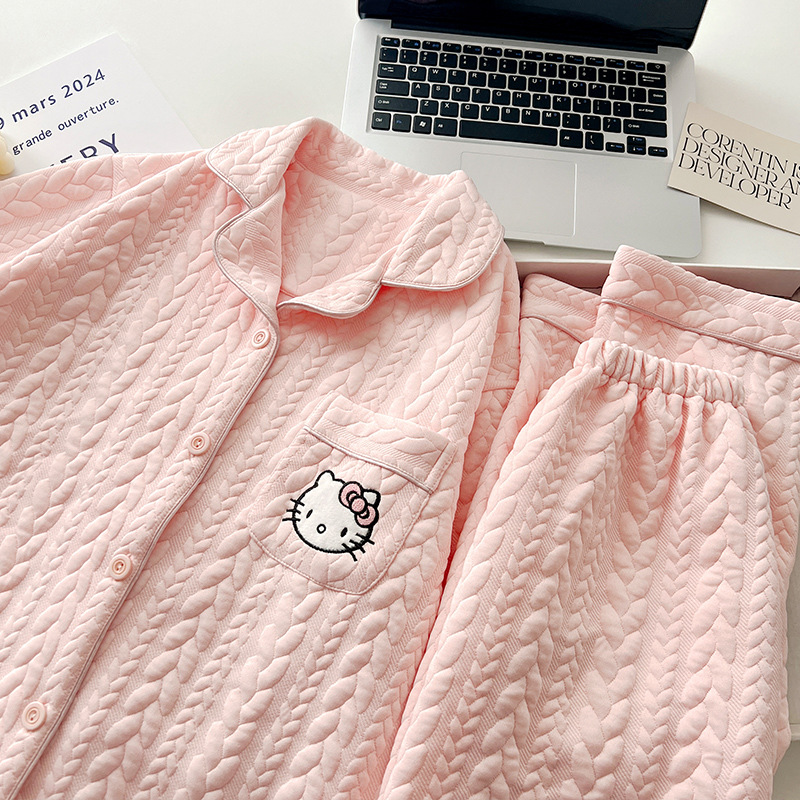 (2개) 고급 핑크 키티 고양이 잠옷 여성의 가을과 겨울 두꺼운 공기 면 긴팔 바지 귀여운 홈 옷