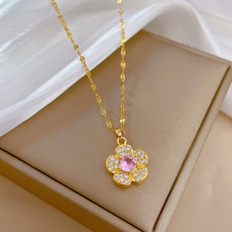 Fashion Flower Stainless Steel Plating Inlay Rhinestones Pendant Necklace 1 Piece