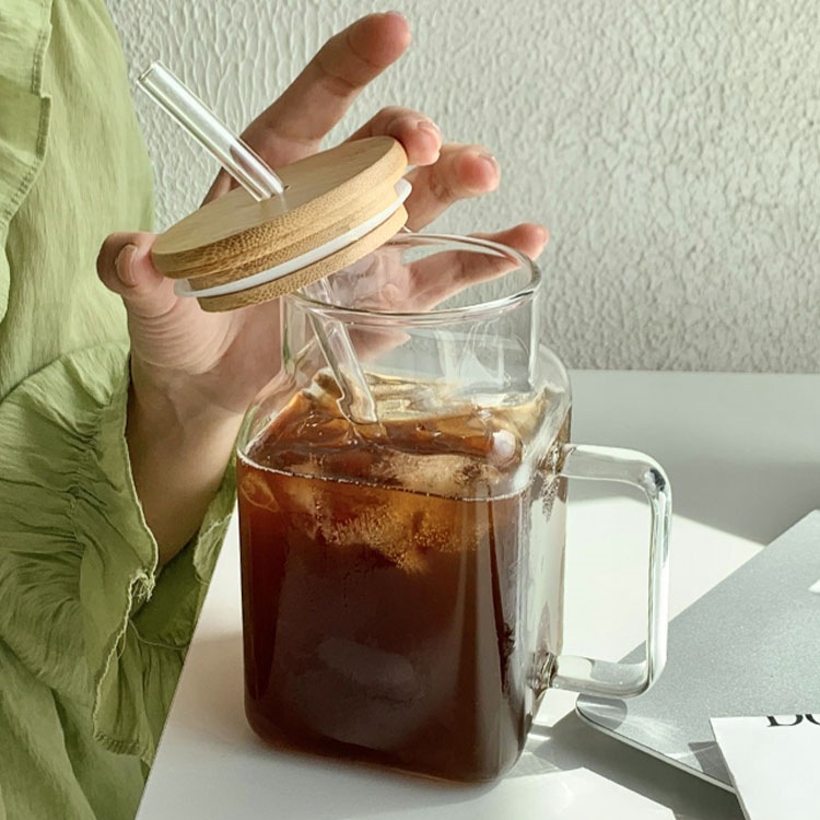 Taza de té con leche de vidrio transparente con mango Taza de vidrio simple y de gran capacidad con tapa Taza de paja de jugo de vidrio con alto contenido de borosilicato