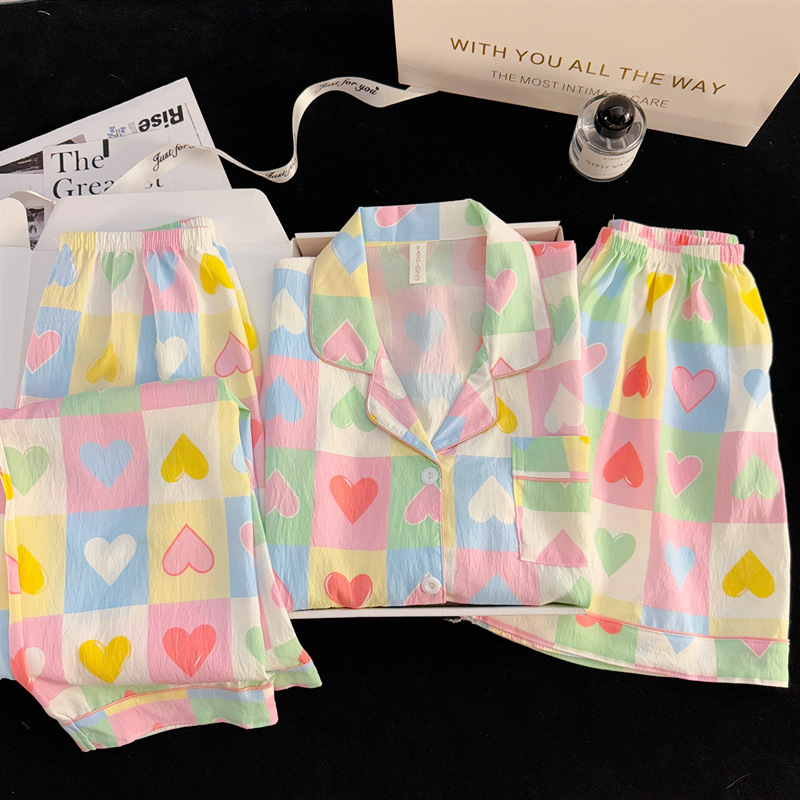 Amoroso teñido anudado, pijamas de hilo de algodón puro, estilo fino de verano para mujer, cárdigan de niña dulce de manga corta, servicio a domicilio de tres piezas