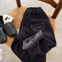 儿童长裤2025眯眯眼冬季新品男女童刺绣加厚牛仔裤宝宝简约休闲裤