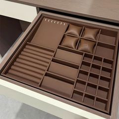 皮革首饰收纳盒抽屉式耳环项链衣帽间梳妆台分隔绒布托盘