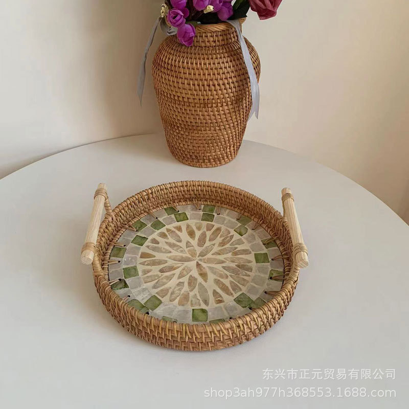 Vietnam ratán tejido Shell bandeja color Shell tejido merienda cesta de almacenamiento merienda bandeja fruta pan té bandeja