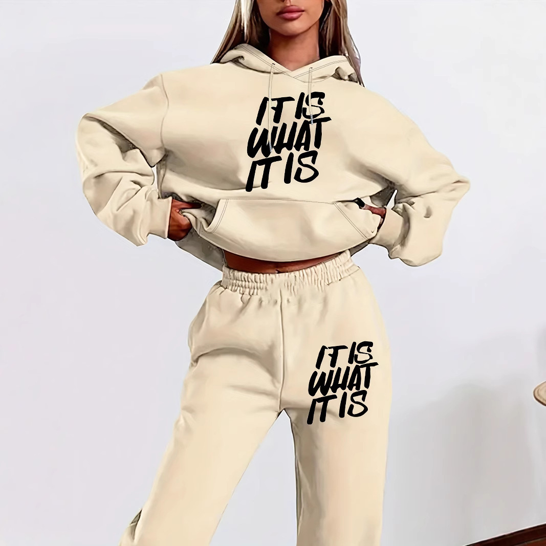 Shein Amazon Best-Selling Letter Print Simple Women's Sweatshirt Suit Autum Long-Sleeved Hooded Sweatshirt