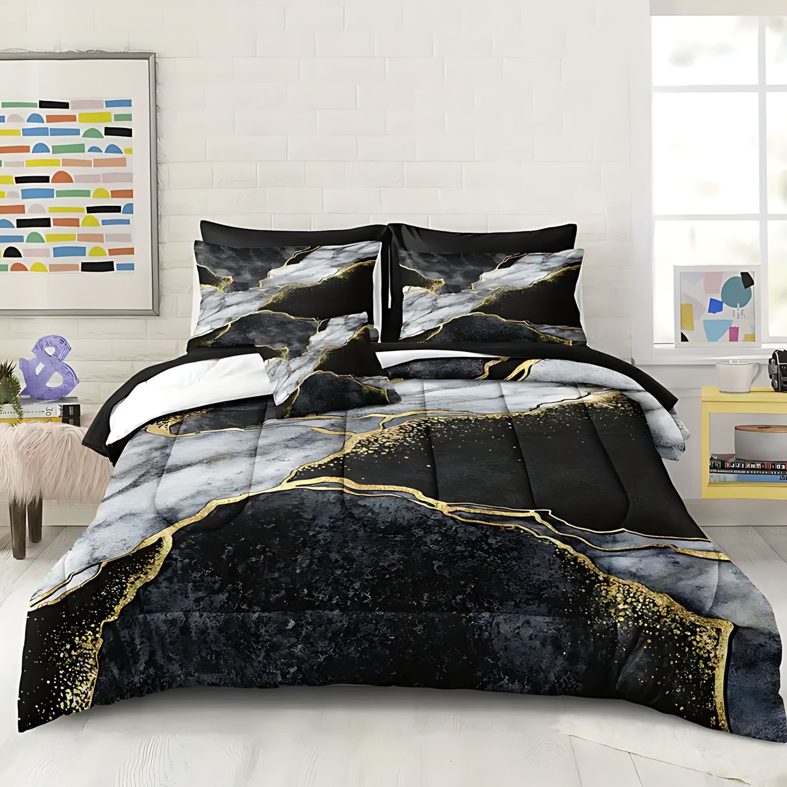 TEMU / JIT transfronterizo textil doméstico negro oro movimiento arena impresión digital 3D 180gms colcha colcha almohada set fuente fabricante