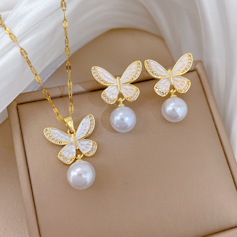 Dripping Butterfly Pearl Set Light Luxury Temperament Gorgeous Full Diamond Necklace Female Versatile Clavicle Titanium Steel Chain_voghion.com