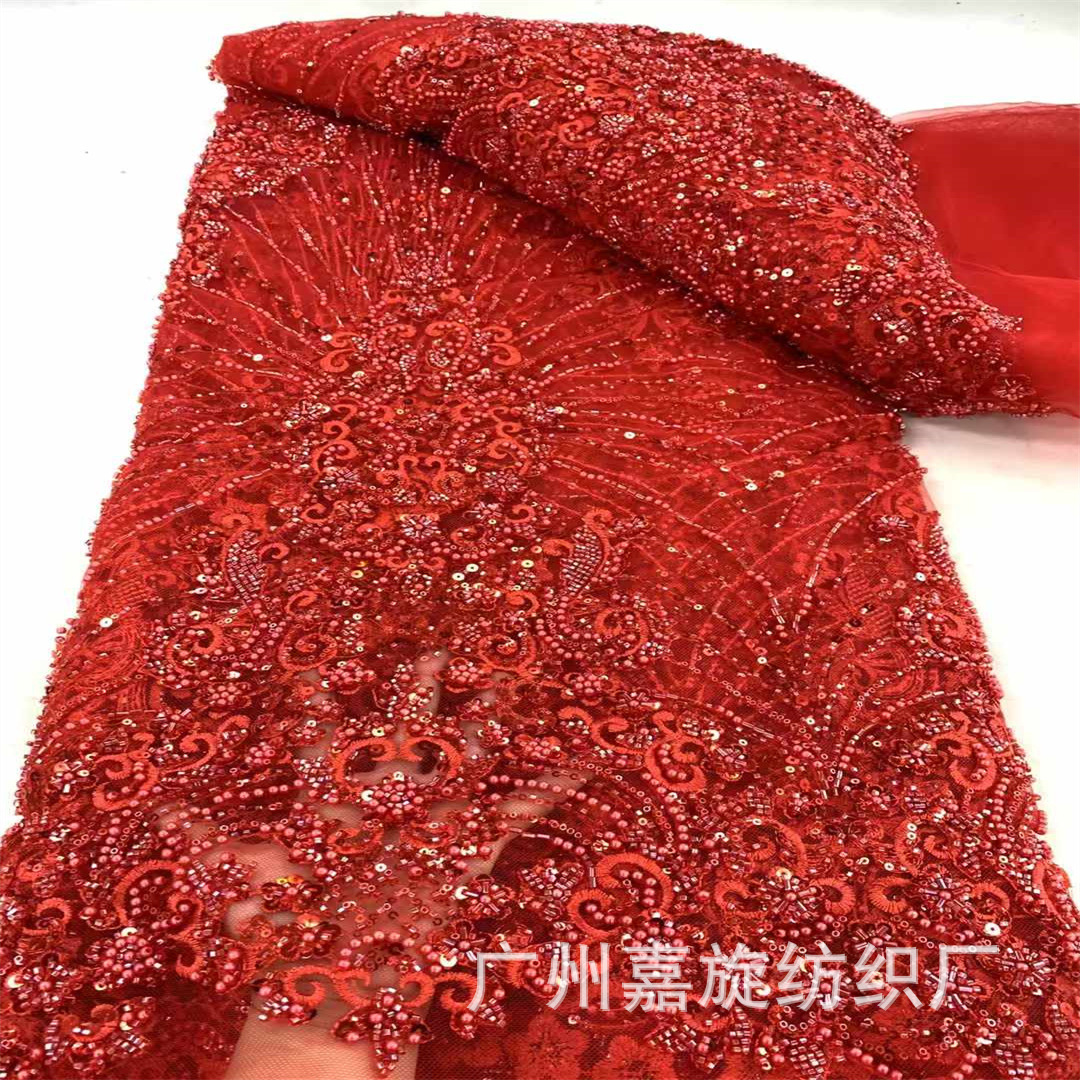 Comercio exterior cuentas rojas sequinilla encaje bordado malla cuentas tubo vestido de boda vestido hecho a mano DIY vestido de rendimiento tela bordada image 1