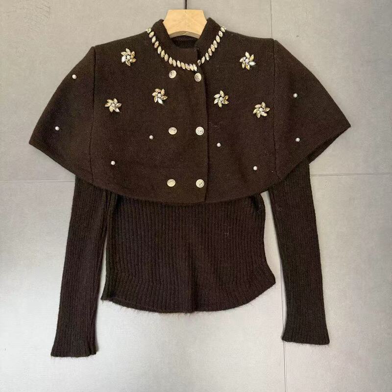 New Two-Piece Knitted Cardigan for Women with Diamond-Encrusted Flower Short Outwear Shawl + Bottoming Shirt Elegant Lady Sweater Top