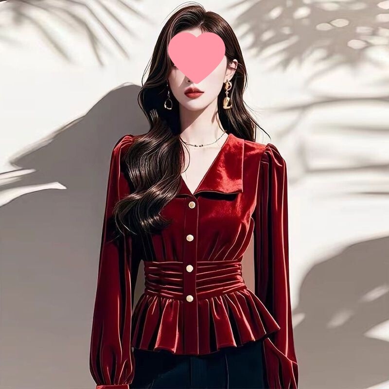 Burgundy Velvet Shirt for Women, Retro Bottoming Shirt, French Style Royal Sister Style Pinch Waist Skirt Top for Autumn and Winter Burgundy Velvet Shirt for Women, Retro Bottoming Shirt, French Style Royal Sister Style Pinch Waist Skirt Top for Autumn and Winter