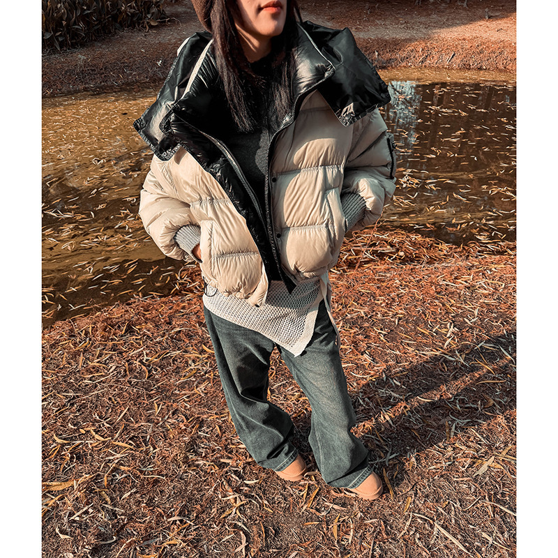 Fifty and Thriving "Contrast Colors in Winter" Designer Style Color-Blocked 90% White Duck down Puffer Jacket with Hooded Silhouette