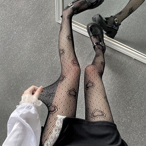Dark personality love pattern fishnet stockings Japanese jk hot girl black stockings European and American Internet celebrity sexy slim pantyhose thin
