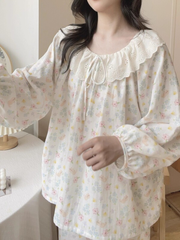 长袖云朵棉睡衣女款2025新款春秋季甜美公主风蕾丝家居服秋季套装|undefined