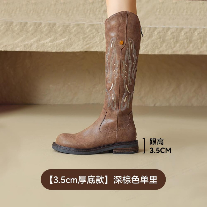厚底增高刺绣旅游高筒骑士靴2025秋季新款长筒靴棕色西部牛仔靴女|undefined