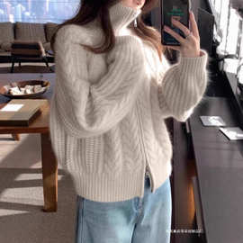 秋冬三股加厚100%纯羊毛衫女双拉链针织开衫宽松毛衣外套麻花上衣