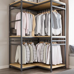 コーナーの服のハンガーが床に落ちてハンガーを掛けます。寝室は家に入ります。