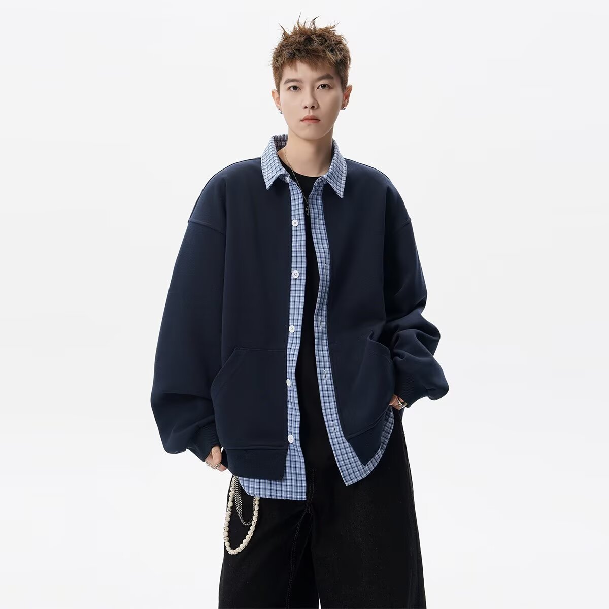 Cardigan con cappuccio da uomo, autunno, tendenza, patchwork, bavero, giacca casual, versatile, giacca da coppia_voghion.com