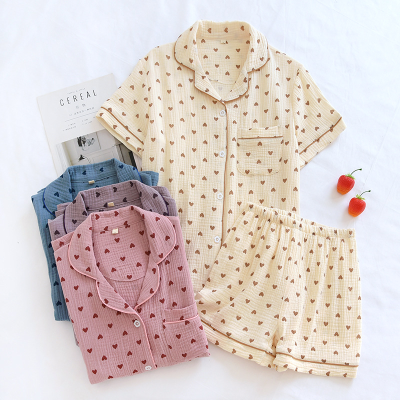 Pijamas de verano para mujer Pantalones cortos gasa de algodón de manga corta de doble capa ropa para el hogar traje de crepé de media manga transpirable que absorbe el sudor