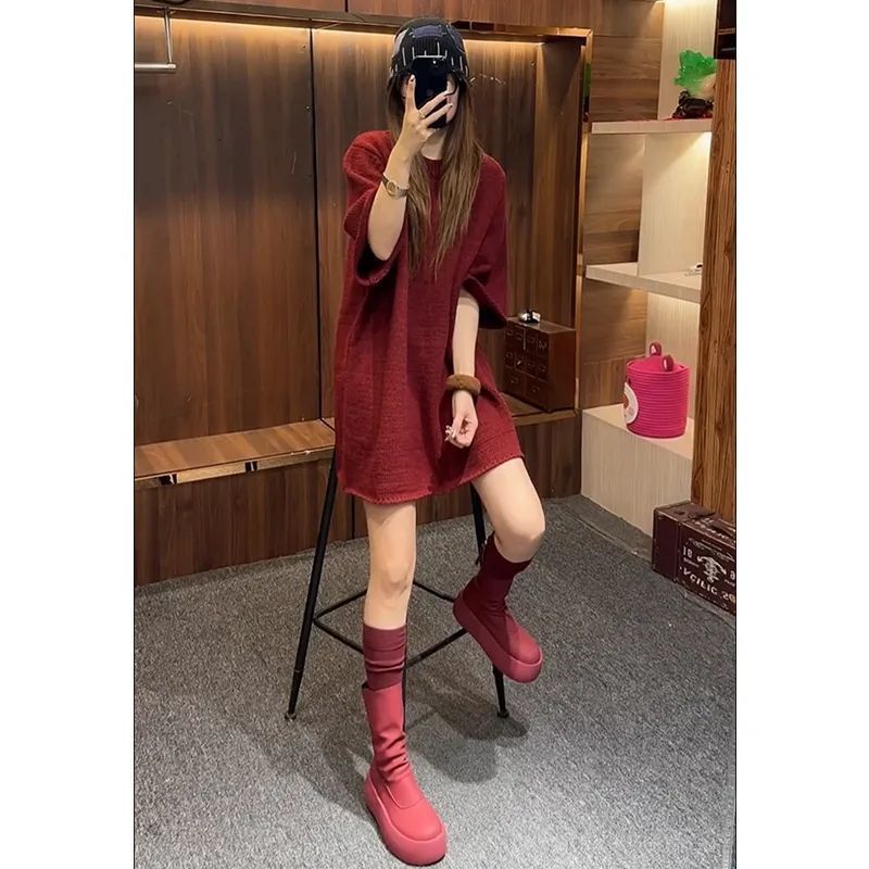 Loose-Fit Round-Neck Solid Color Knit For Women, European Style 2025 Spring New Fashionable Casual Short Dress_ecoleips.com
