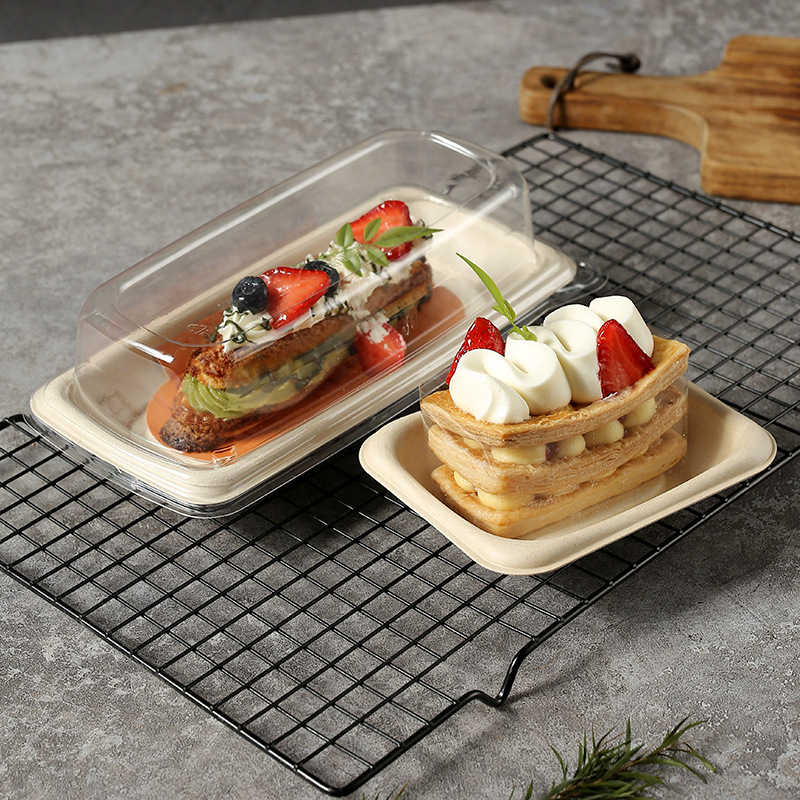 bandeja de pulpa transparente degradable para sándwiches cubierta antiniebla caja de embalaje de pastel de nieve y caja de embalaje de corte de pastel
