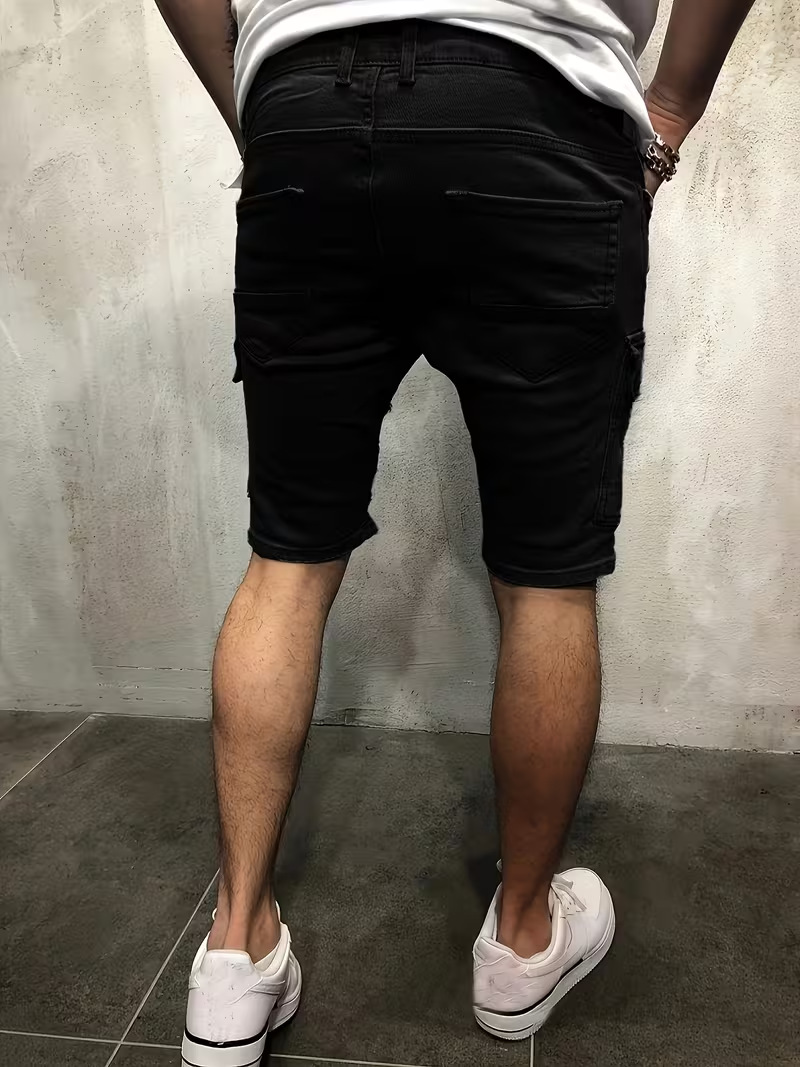 Men's Ripped Denim Shorts, Summer Stretch Cotton Cargo Shorts With Side Pockets, Slim Fit Casual Streetwear Style_viptrois.com
