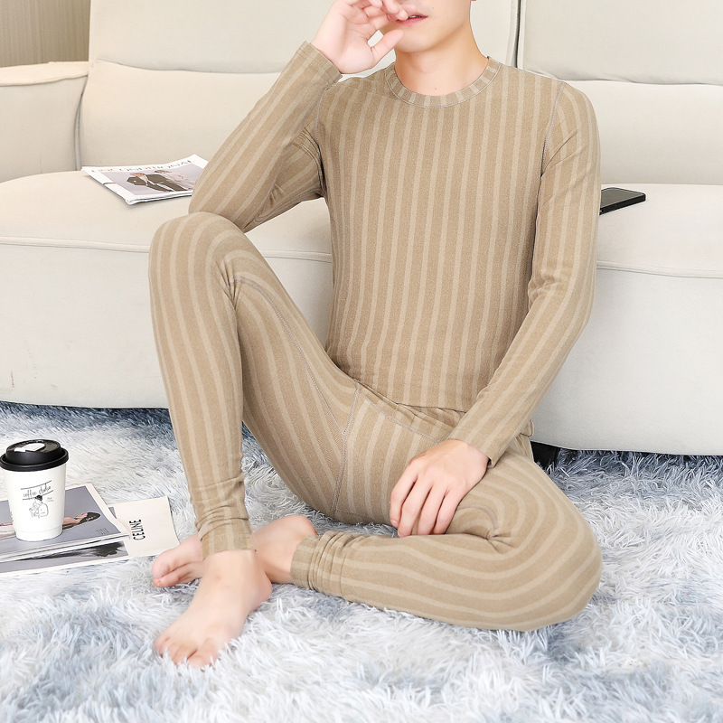 Men's thermal underwear, new striped design for autumn and winter, round neck, slim fit, comfortable, suitable for young and middle-aged men, autumn and winter clothing set
